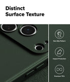 Green iPhone 17 Pro max case with camouflage distinct surface texture and features listed on the right.