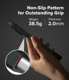 Hand holding a green iPhone 17 pro max with text about non-slip pattern, weight, and thickness on a dark background.