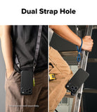 iPhone 17 pro max case with dual strap hole feature shown on a person and a ladder.
