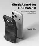 iPhone 17 pro max case with camouflage design and text highlighting TPU material on a white background