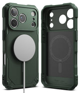iPhone 17 Pro Max Case | Rugged Gear Magnetic - Dark green rugged phone case with magnetic charger and interior view.