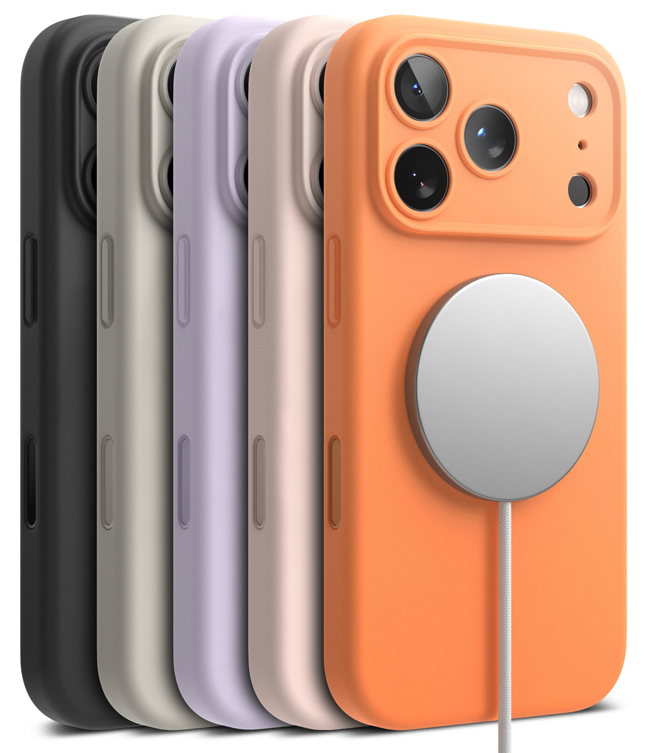iPhone 17 Pro Max Case | Silicone Magnetic - Five colorful silicone phone cases lined up with a magnetic charger.