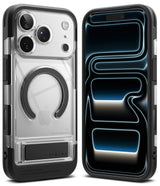 iPhone 17 Pro Max Case | UX Magnetic - Clear phone case with black magnetic ring and kickstand on back, shown with phone.