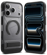 iPhone 17 Pro Max Case | UX Magnetic - Clear phone case with black magnetic ring, kickstand, and black frame.