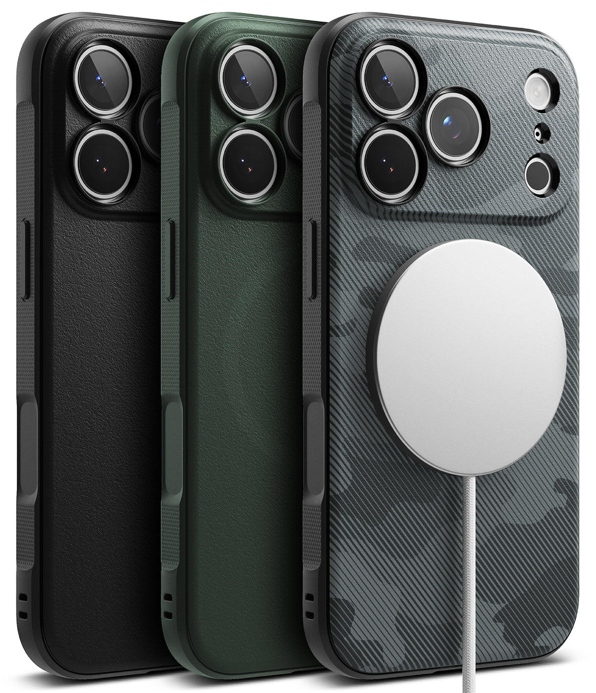 iPhone 18 Pro Case | Onyx Magnetic - Three smartphone cases shown from the back on a clean white background: a matte black case, a dark green case, and a dark gray carbon-fiber-texture case with a large white circular MagSafe-style ring attached. No person, animal, or real environment is present, so this is Product/Packaging.