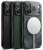 iPhone 18 Pro Case | Onyx Magnetic - Three smartphone cases shown from the back on a clean white background: a matte black case, a dark green case, and a dark gray carbon-fiber-texture case with a large white circular MagSafe-style ring attached. No person, animal, or real environment is present, so this is Product/Packaging.