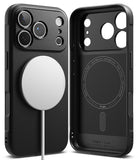 iPhone 18 Pro Case | Onyx Magnetic - Black MagSafe-compatible phone case shown from the back and inside, with a white circular magnetic ring attached on the left and a black magnetic charging pad visible on the right.