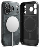 iPhone 18 Pro Case | Onyx Magnetic - A black and dark gray carbon-fiber-patterned Ringke MagSafe-compatible phone case shown from the back and side, with a white MagSafe ring attached on the left and the inside magnetic charging area visible on the right.