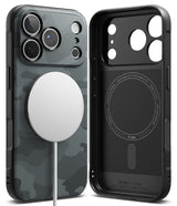 iPhone 18 Pro Case | Onyx Magnetic - A black and dark gray carbon-fiber-patterned Ringke MagSafe-compatible phone case shown from the back and side, with a white MagSafe ring attached on the left and the inside magnetic charging area visible on the right.
