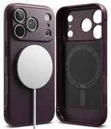 iPhone 18 Pro | Onyx Magnetic - Two views of a dark purple MagSafe-compatible phone case on a white background, showing the textured back with a white magnetic ring and the interior black lining with MagSafe alignment markings.