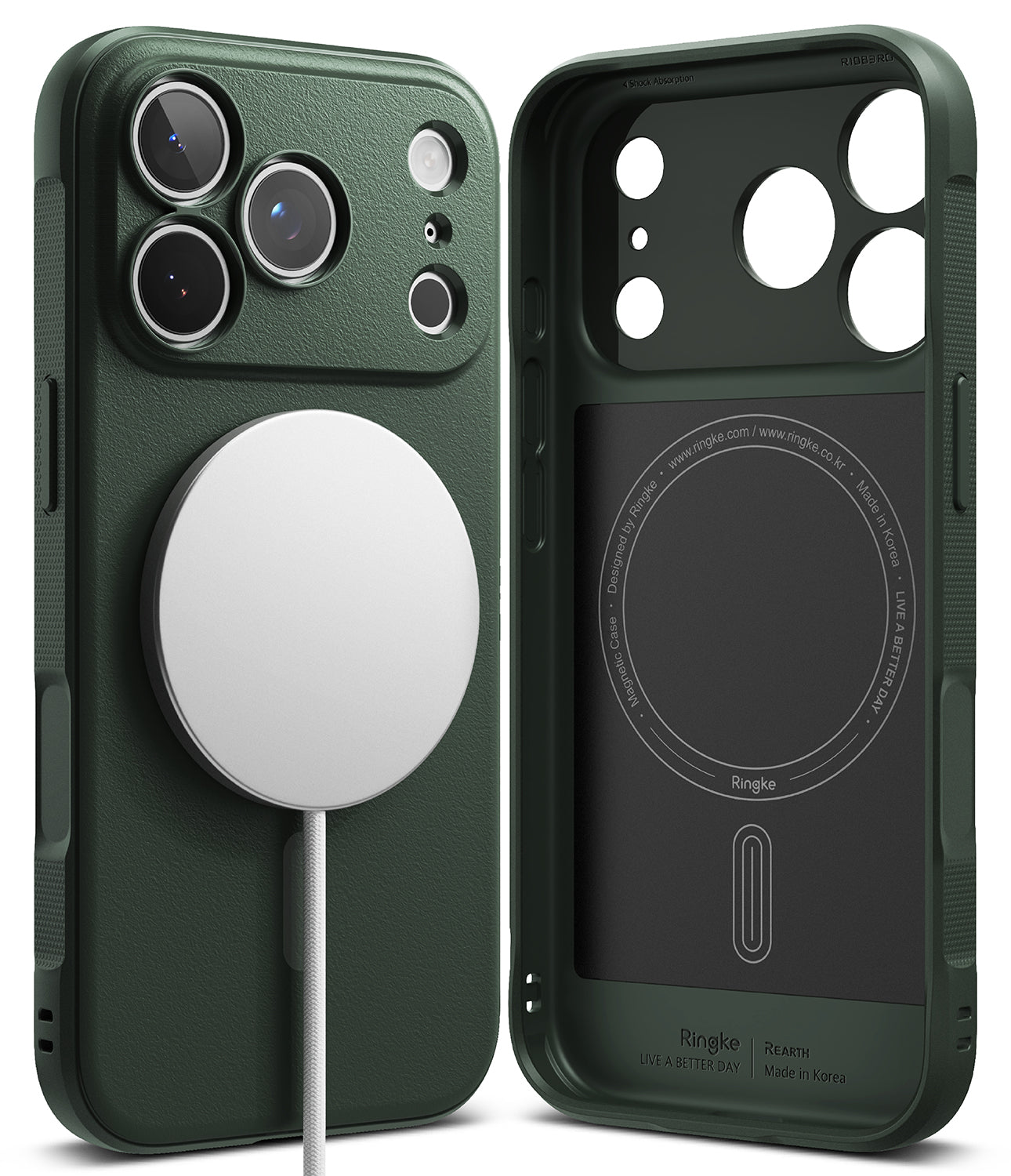iPhone 18 Pro Case | Onyx Magnetic - Dark green MagSafe-compatible phone case shown from the back and inside, with a white circular magnetic ring attached on the left and a black magnetic charging pad visible on the right.