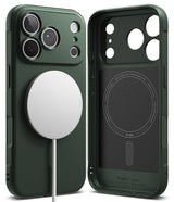 iPhone 18 Pro Case | Onyx Magnetic - Dark green MagSafe-compatible phone case shown from the back and inside, with a white circular magnetic ring attached on the left and a black magnetic charging pad visible on the right.