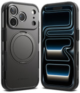 iPhone 17 Pro Case | Alles - Matte black rugged phone case with a circular magnetic mount and front view showing a glowing screen.