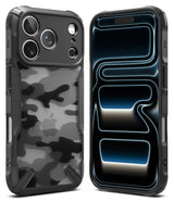 iPhone 17 Pro Case | Fusion-X - Rugged black phone case with a gray camouflage back and a front view showing a glowing abstract screen.
