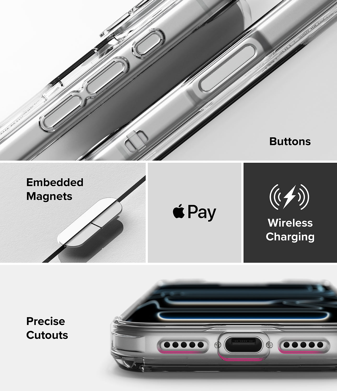 iPhone 17 Pro Case | Fusion Card Magnetic - Phone case with embedded magnets, Apple Pay logo, wireless charging symbol, and precise cutouts on a white background.