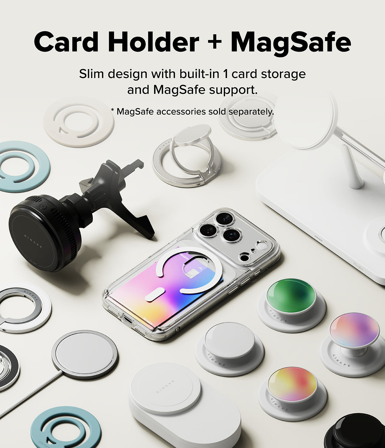 iPhone 17 Pro Case | Fusion Card Magnetic - Card holder with MagSafe support on a white surface with accessories.
