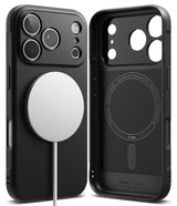 iPhone 17 Pro Case | Onyx Magnetic - Black magnetic phone case shown from back and interior views with a white charger.