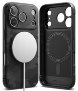 iPhone 17 Pro Case | Onyx Magnetic - Black camo phone case with magnetic charger attached and interior view.