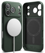 iPhone 17 Pro Case | Onyx Magnetic - Dark green phone case with a white magnetic charger attached and an interior view.