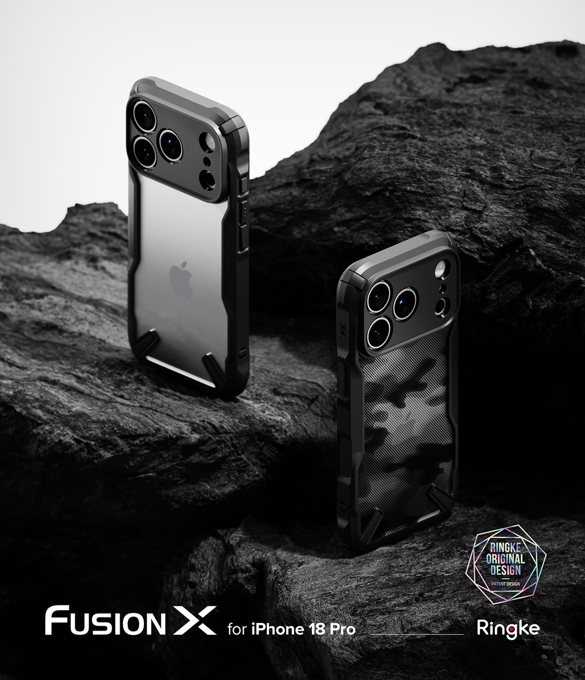 iPhone 18 Pro Case | Fusion-X - Two phone cases on a rocky surface with 'Fusion X' branding.