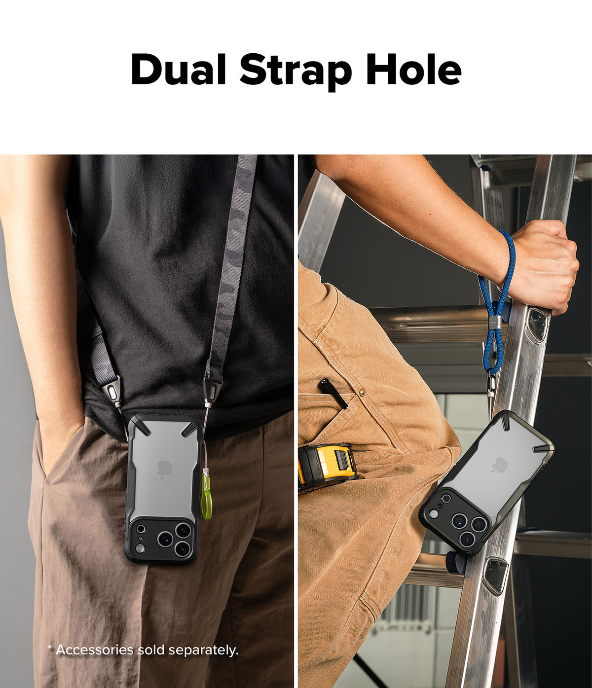 iPhone 18 Pro Case | Fusion-X - Phone case with dual strap holes being used by a person on a ladder and another person wearing it.