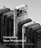 iPhone 18 Pro Case | Fusion-X - A promotional product image showing multiple smartphone cases arranged in a fan-like stack, including transparent, black, gray, and dark green options. The center case is clear with a black camera ring accessory visible.