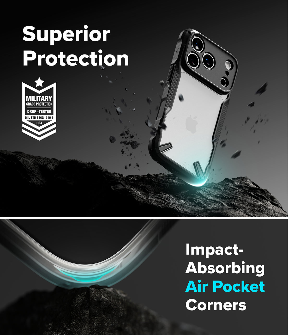 iPhone 18 Pro Case | Fusion-X - A clear and black protective phone case shown floating above dark rocks in a dramatic studio-style graphic. Text reads 'Superior Protection' with a military drop-tested badge, and the lower section highlights 'Impact-Absorbing Air Pocket Corners' with a close-up of the curved transparent corner material.