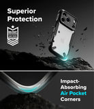 iPhone 18 Pro Case | Fusion-X - A clear and black protective phone case shown floating above dark rocks in a dramatic studio-style graphic. Text reads 'Superior Protection' with a military drop-tested badge, and the lower section highlights 'Impact-Absorbing Air Pocket Corners' with a close-up of the curved transparent corner material.