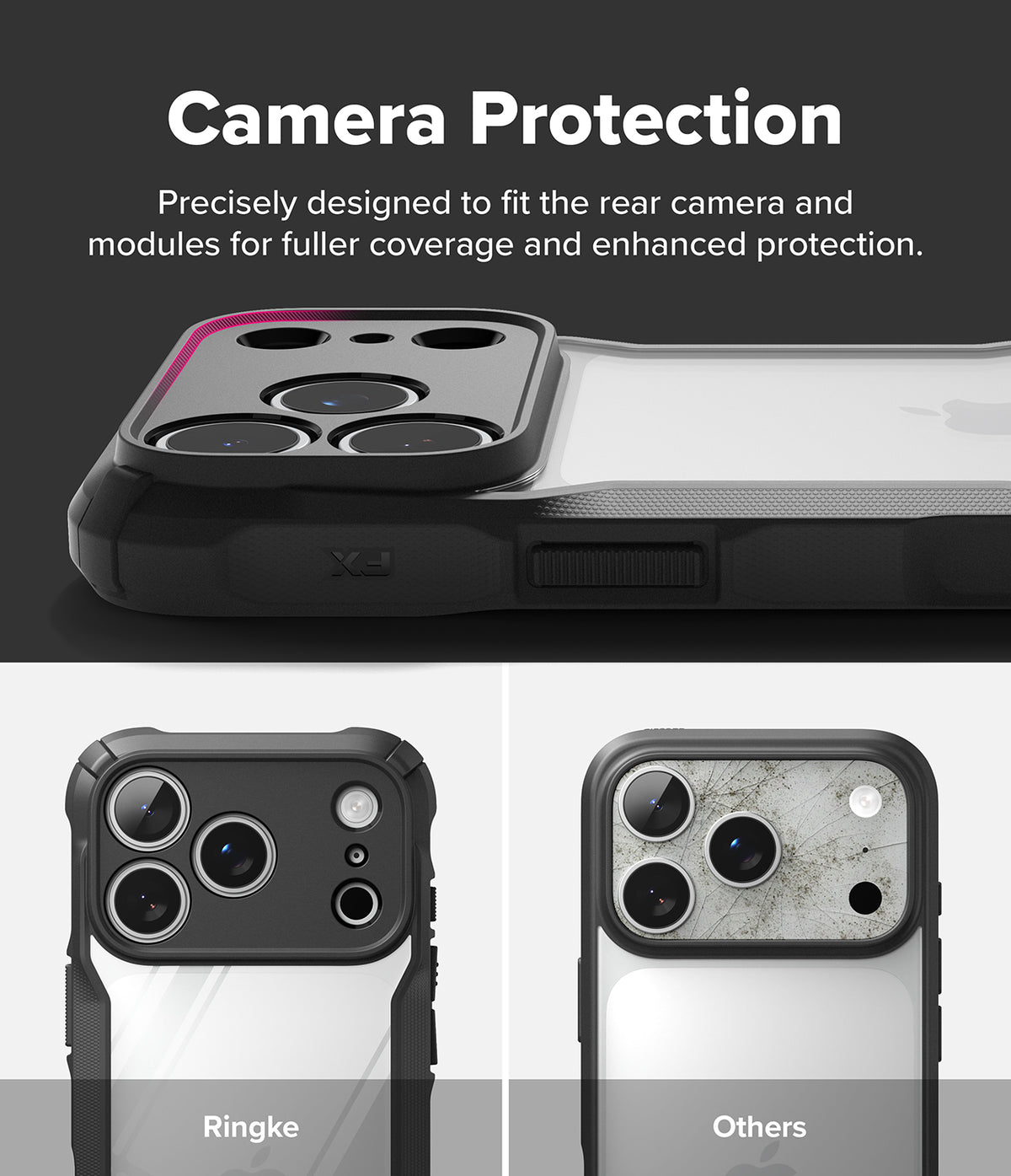 iPhone 18 Pro Case | Fusion-X - A phone case with a raised black camera bumper and a clear back panel, shown with marketing text reading 'Camera Protection' and two smaller comparison views labeled Ringke and Others.