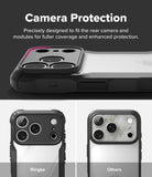 iPhone 18 Pro Case | Fusion-X - A phone case with a raised black camera bumper and a clear back panel, shown with marketing text reading 'Camera Protection' and two smaller comparison views labeled Ringke and Others.