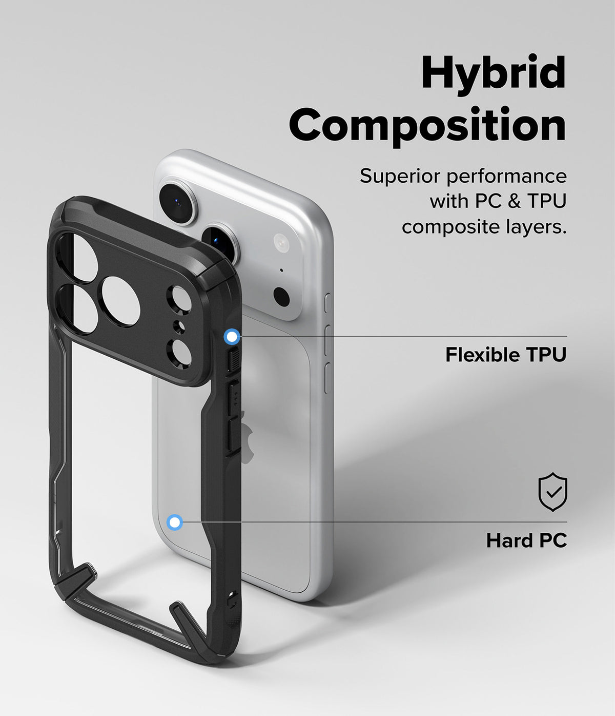 iPhone 18 Pro Case | Fusion-X - A black protective phone case with a transparent back is shown in front of a silver smartphone on a light gray background. Text on the image highlights the hybrid composition, flexible TPU, and hard PC materials.