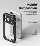 iPhone 18 Pro Case | Fusion-X - A black protective phone case with a transparent back is shown in front of a silver smartphone on a light gray background. Text on the image highlights the hybrid composition, flexible TPU, and hard PC materials.