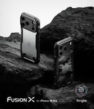 iPhone 18 Pro Case | Fusion-X - Two phone cases on a rocky surface with 'Fusion X' branding.