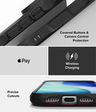 iPhone 18 Pro Case | Fusion-X - A black protective phone case shown in a multi-panel feature graphic. The top panel shows close-up of the side buttons and camera area with text reading 'Covered Buttons & Camera Control Protection.