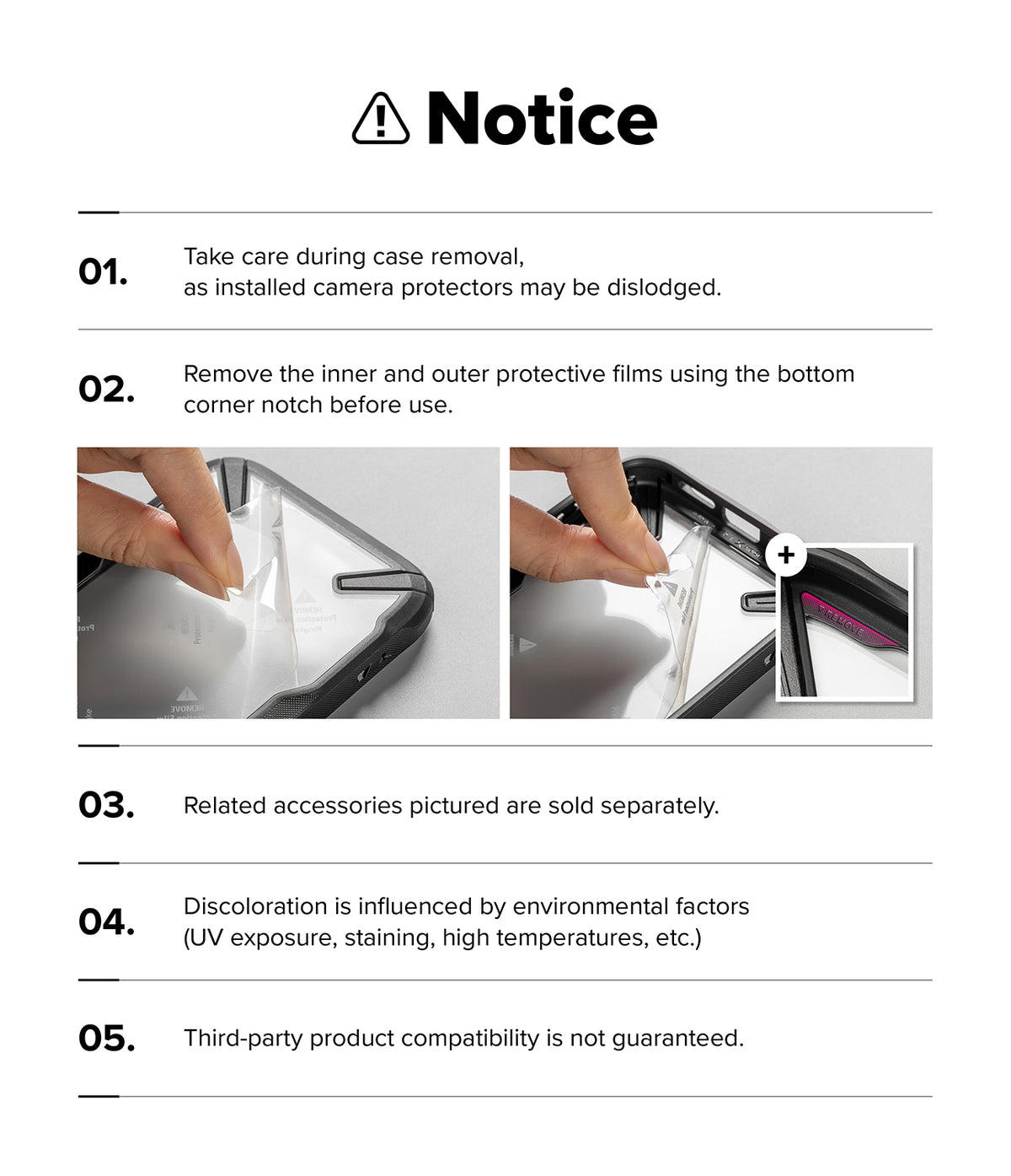 iPhone 18 Pro Case | Fusion-X - A white instruction sheet with a bold 'Notice' header and five numbered points, including two small photos showing hands removing protective films from a phone case and a close-up inset with a plus sign.