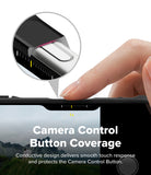 iPhone 18 Pro Case | Fusion-X - Close-up of a smartphone camera control button being covered by a black protective accessory, with a circular inset showing the precise fit and a finger touching the button area. Text reads 'Camera Control Button Coverage' and describes smooth touch response and protection.