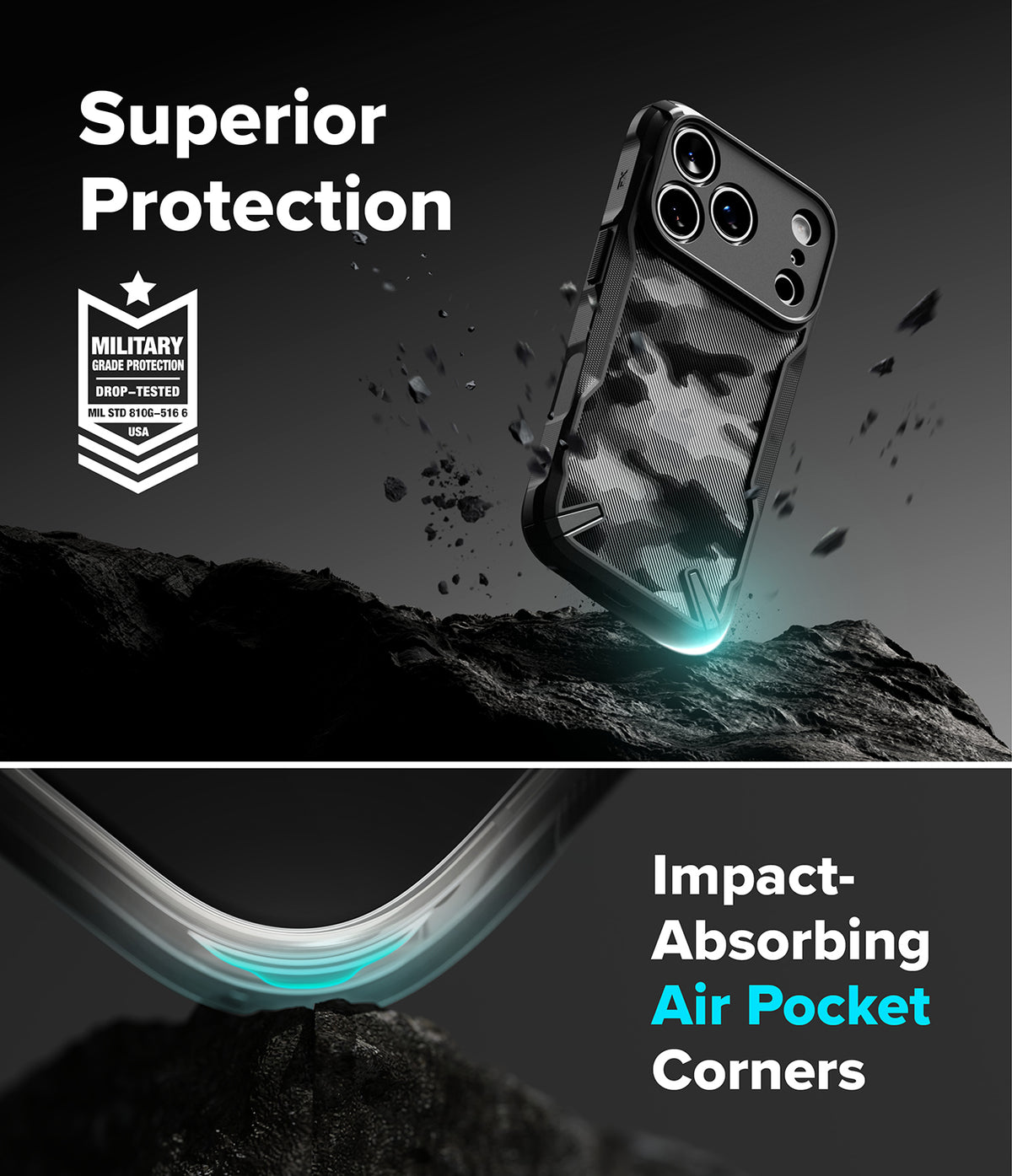 iPhone 18 Pro Case | Fusion-X - A dark camouflage protective phone case shown floating above a rocky surface, with marketing text reading 'Superior Protection' and 'Impact-Absorbing Air Pocket Corners.' The design includes a military drop-test badge and glowing cyan effect around the lower edge of the case.