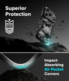 iPhone 18 Pro Case | Fusion-X - A dark camouflage protective phone case shown floating above a rocky surface, with marketing text reading 'Superior Protection' and 'Impact-Absorbing Air Pocket Corners.' The design includes a military drop-test badge and glowing cyan effect around the lower edge of the case.