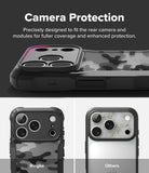 iPhone 18 Pro Case | Fusion-X - A phone case with a black bumper and a gray camouflage pattern, shown with text reading 'Camera Protection' and two smaller examples labeled 'Ringke' and 'Others' below.