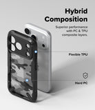 iPhone 18 Pro Case | Fusion-X - A black and gray camouflage hybrid phone case shown from the back, with a silver phone behind it for scale. Text on the image highlights the case's hybrid composition, flexible TPU layer, and hard PC layer.