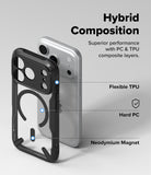 iPhone 18 Pro Case | Fusion-X Magnetic - A clear phone case with a black bumper and a large circular magnetic area on the back, shown next to a silver smartphone. The image includes text labels pointing out features: 'Hybrid Composition,' 'Flexible TPU,' 'Hard PC,' and 'Neodymium Magnet' on a light gray background.