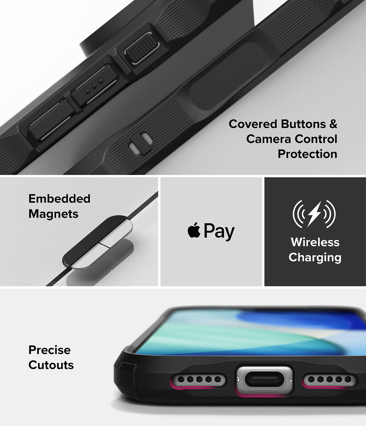 iPhone 18 Pro Case | Fusion-X Magnetic - A black protective phone case shown in a multi-panel feature graphic. The panels highlight covered buttons and camera control protection, embedded magnets for wireless charging, precise cutouts, and compatibility with Apple Pay.