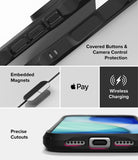 iPhone 18 Pro Case | Fusion-X Magnetic - A black protective phone case shown in a multi-panel feature graphic. The panels highlight covered buttons and camera control protection, embedded magnets for wireless charging, precise cutouts, and compatibility with Apple Pay.