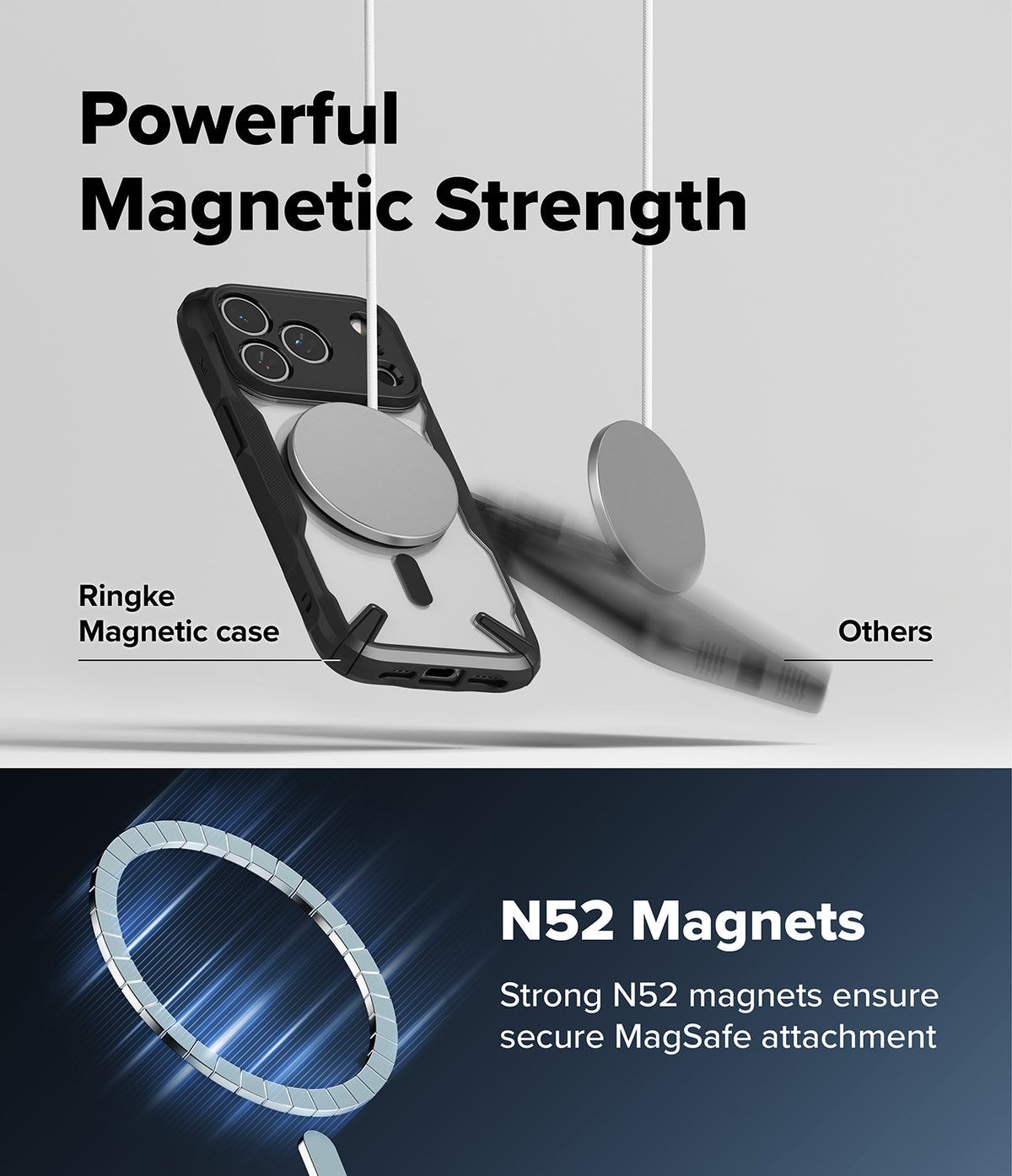 iPhone 18 Pro Case | Fusion-X Magnetic - Promotional graphic for a magnetic phone case showing a black Ringke case with a circular magnetic ring, labeled 'Powerful Magnetic Strength' and 'N52 Magnets,' with a comparison to generic 'Others' magnetic cases.