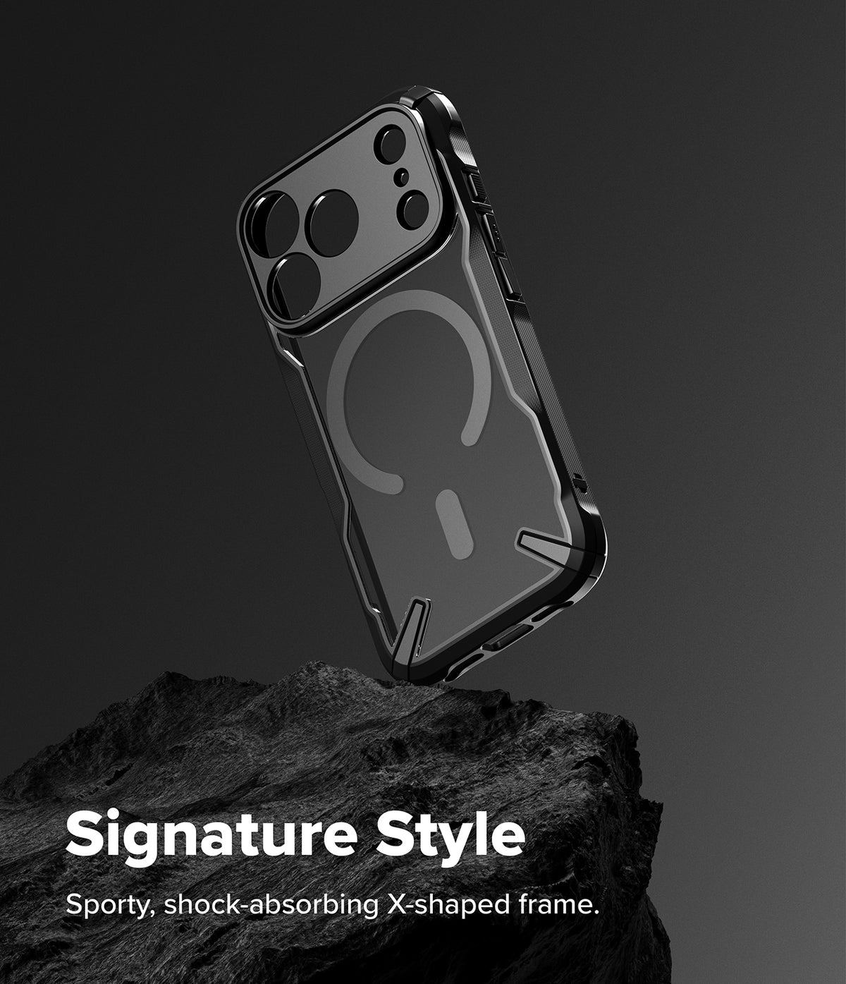 iPhone 18 Pro Case | Fusion-X Magnetic - A black protective phone case with an X-shaped shock-absorbing frame, shown floating above a dark textured rock on a dark gray gradient background. White text at the bottom reads 'Signature Style' and 'Sporty, shock-absorbing X-shaped frame.