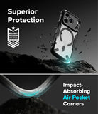 iPhone 18 Pro Case | Fusion-X Magnetic - A clear protective phone case with a black MagSafe ring is shown floating above dark rocks in a dramatic promotional graphic. Text reads 'Superior Protection' with a military drop-test badge, and the lower section says 'Impact-Absorbing Air Pocket Corners' with a close-up of the curved transparent corner.