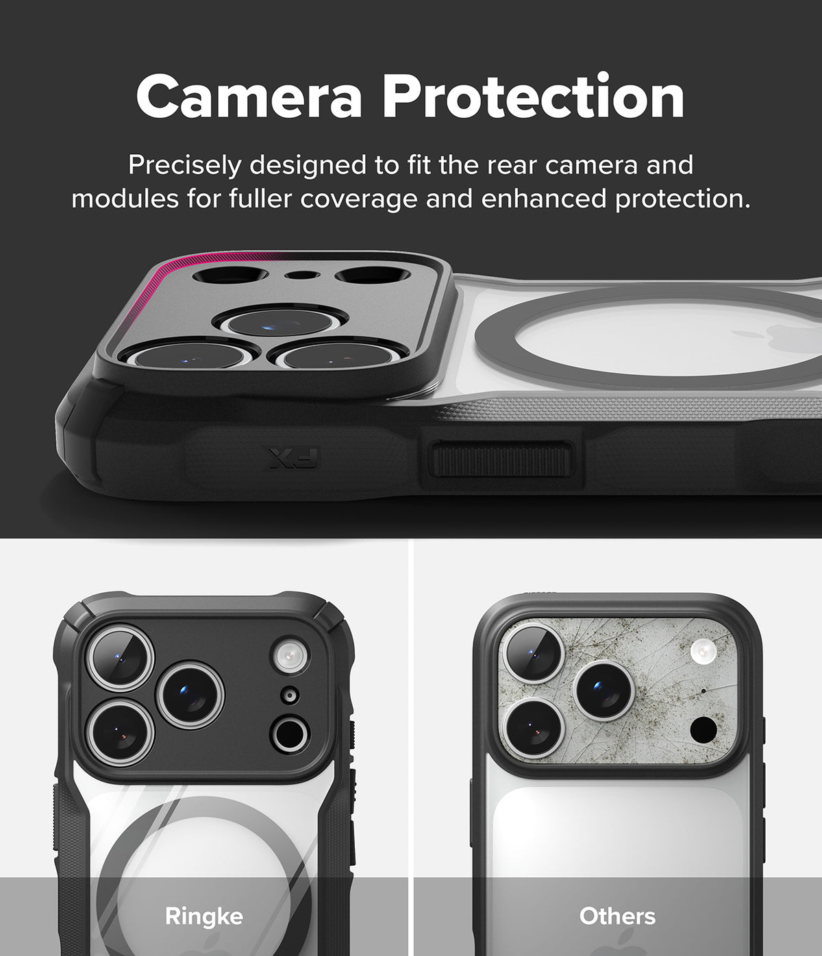 iPhone 18 Pro Case | Fusion-X Magnetic - A promotional graphic for a phone camera protection case. The top section shows a black camera protection module fitted onto a phone case, with text reading 'Camera Protection' and a description of precise rear camera fitment.