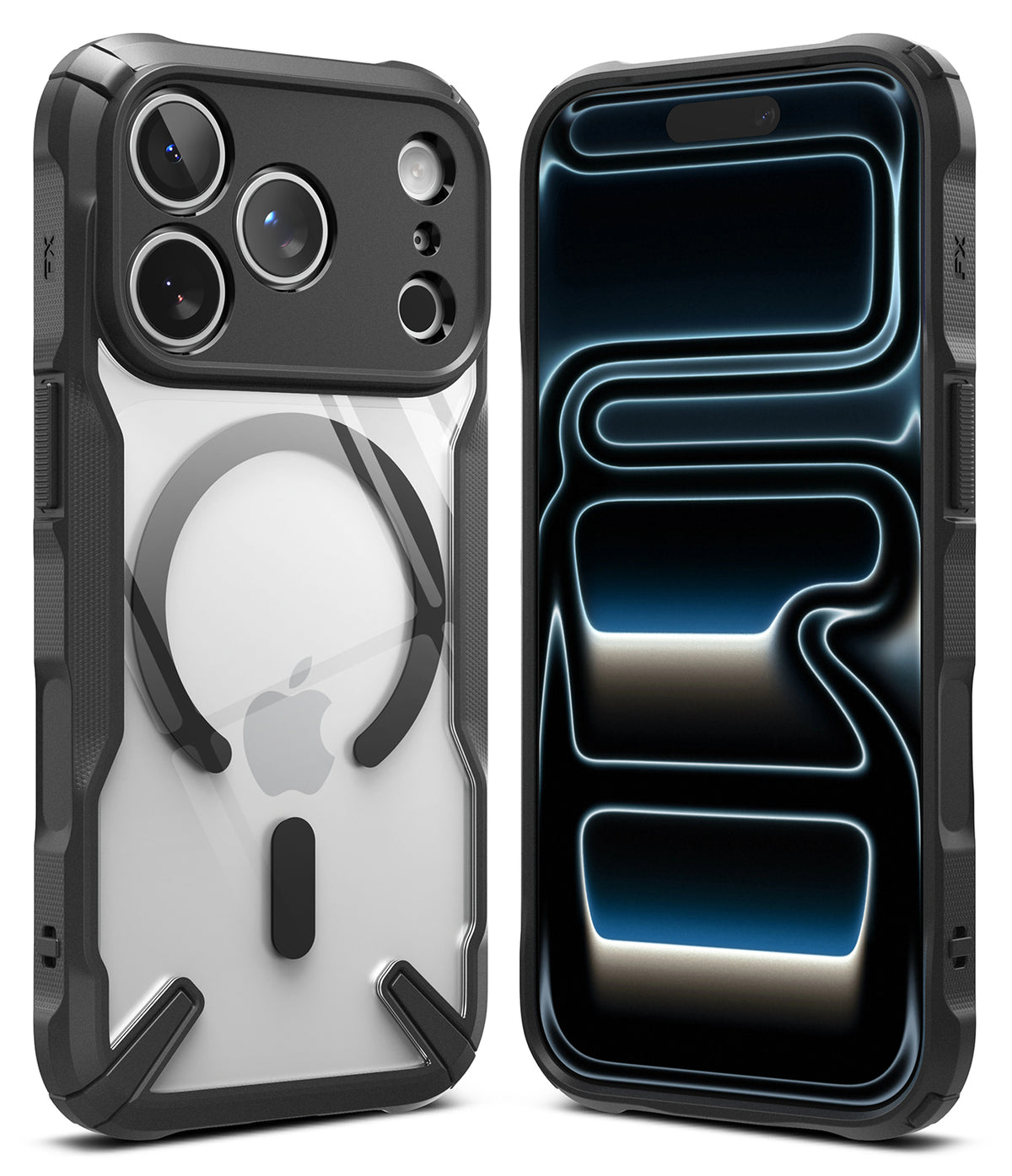 iPhone 18 Pro Case | Fusion-X Magnetic - Two views of a rugged protective phone case on an iPhone: the back view shows a clear back with a black bumper and MagSafe ring, and the front view shows a black front bumper with a blue and black abstract patterned screen protector or skin.