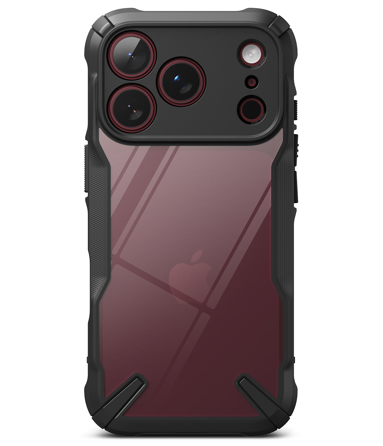 iPhone 18 Pro Case | Fusion-X - Two views of a rugged protective phone case on an iPhone: the back view shows a clear back panel with a black bumper and camera surround, and the front view shows a black front bumper with a blue and black abstract patterned design.