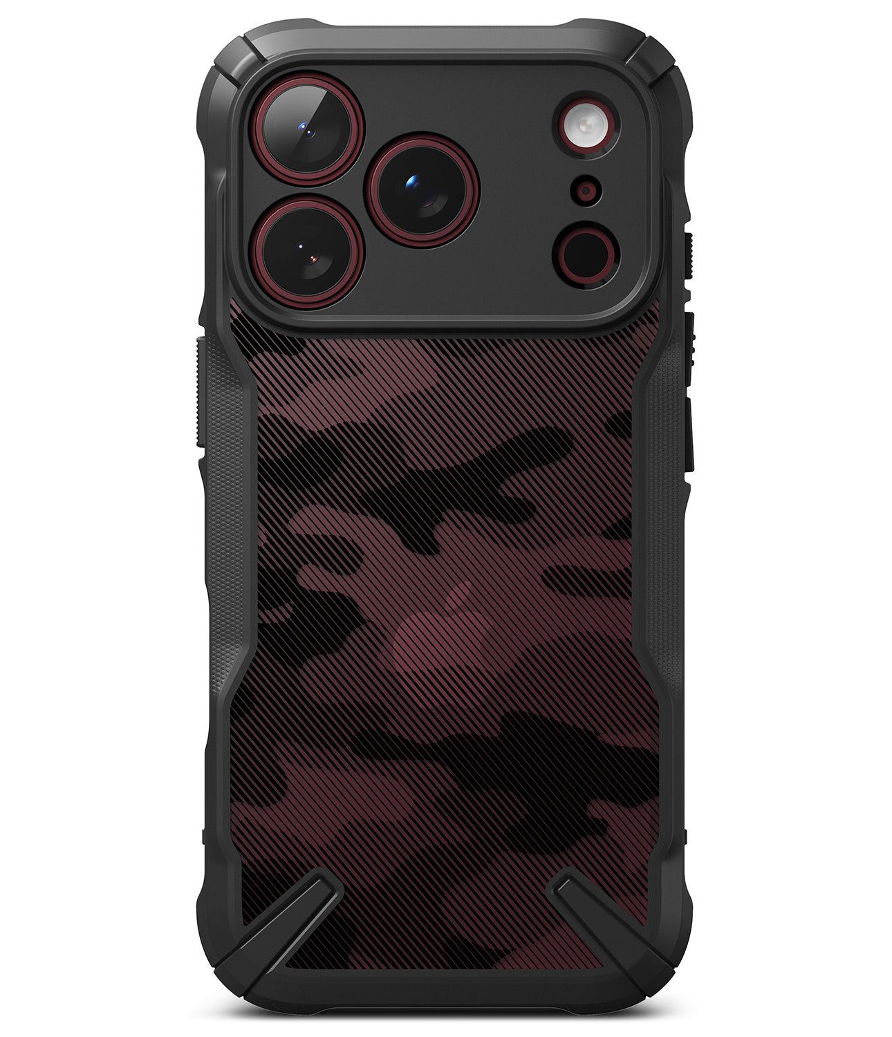 iPhone 18 Pro Case | Fusion-X - Two views of a rugged black phone case on a white background. The left case shows a gray and black camouflage pattern on the back, and the right case shows a dark interior with glowing blue light accents.